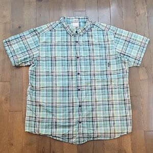 Columbia Men's Teal Plaid Short Sleeve Button-Down Shirt, Regular Fit XXL